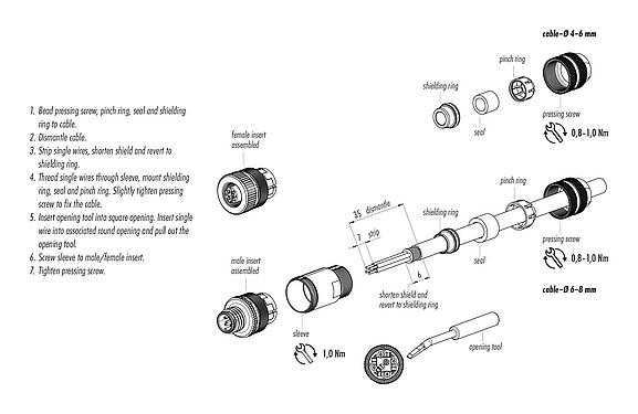 Montagehandleiding M12 Kabelstekker, aantal polen: 4, 4,0-6,0 mm, schermbaar, kooiklem, IP67, met afschermring