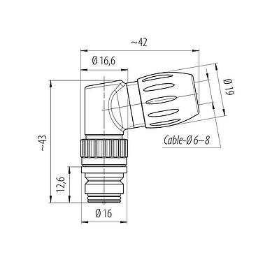 Dibujo a escala Snap-In Conector hembra en ángulo, Número de contactos: 8, 6,0-8,0 mm, sin blindaje, soldadura, IP67