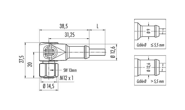 Scale drawing 77 3734 0000 20908-0500 - M12 Female angled connector, Contacts: 8, unshielded, moulded on the cable, IP69K, UL, Ecolab, PVC, grey, 8 x 0.25 mm², stainless steel, 5 m