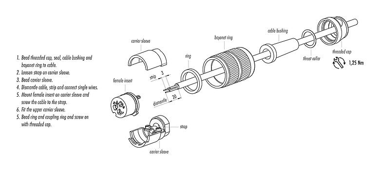 Instrucción de montaje M25 Conector de cable hembra, Número de contactos: 12, 5,0-8,0 mm, blindable, soldadura, IP40