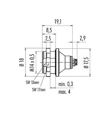 Dibujo a escala Push Pull Enchufe de brida, Número de contactos: 3, sin blindaje, soldadura, IP67, M14x0,5, Montaje en pared