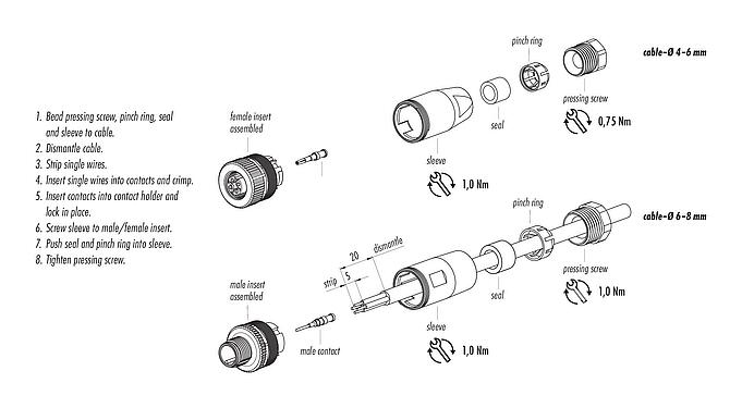 Instrucción de montaje M12 Conector de cable macho, Número de contactos: 4, 4,0-6,0 mm, sin blindaje, crimpado (los contactos de crimpado deben pedirse por separado), IP67, UL 2238