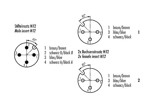 Układ styków (strona przyłączeniowa) 77 9829 3434 50003-0200 - M12 Złącze męskie dwu kablowe -2 żeńskie złącze kablowe kątowe M12x1, Kontaktów: 4/3, nieekranowany, formowane wtryskowo na kablu, IP68, PUR, czarny, 3 x 0,34 mm², 2 m