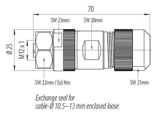 Rysunek z wymiarami 99 0640 39 05 - M12 Zeńskie złącze kablowe proste, Kontaktów: 4+FE, 8,0-13,0 mm, nieekranowany, zacisk śrubowy, IP67, M12x1,0, Stal nierdzewna