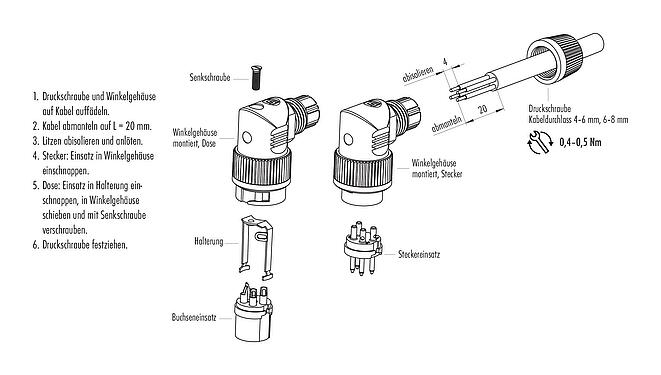 Montageanleitung Bajonett Winkeldose, Polzahl: 5, 4,0-6,0 mm, ungeschirmt, löten, IP40