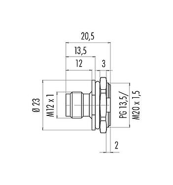 Desenho da escala M12 Bujão flangeado, Contatos: 4, desprotegido, solda, IP67, UL 2238, M20x1,5, Montagem frontal, para o fornecimento de energia elétrica