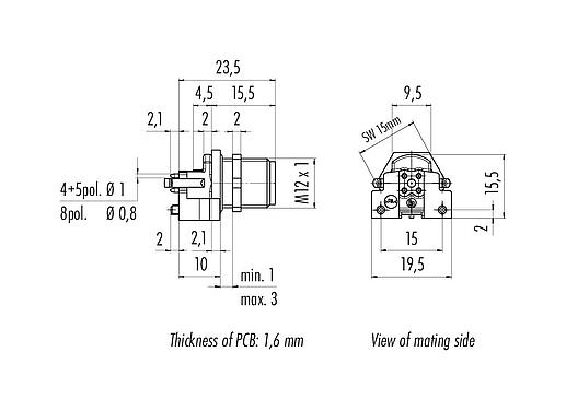Desenho da escala 99 3431 458 04 - M12 Bujão flangeado, Contatos: 4, blindável, THR, IP68, UL, para montagem de placas de circuito impresso