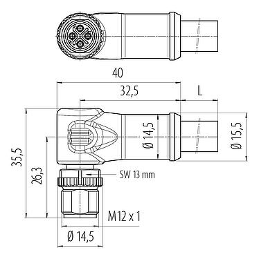 Dessin coté M12 Connecteur mâle coudé, Contacts: 3+PE, non blindé, surmoulé sur le câble, IP68, UL, PUR, noir, 4 x 1,50 mm², 2 m