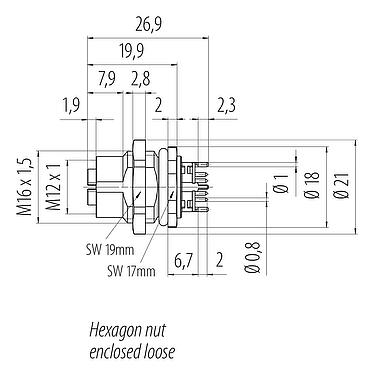 Scale drawing M12 Female panel mount connector, Contacts: 8, shieldable, THT, IP67, UL, M16x1.5, Rear mounting