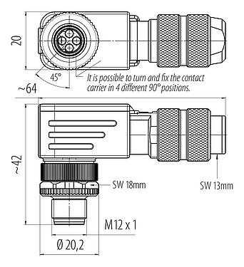 Dessin coté M12 Connecteur mâle coudé, Contacts: 4, 5,0-8,0 mm, blindable, sertir (Les contacts à sertir doivent être commandés séparément), IP67