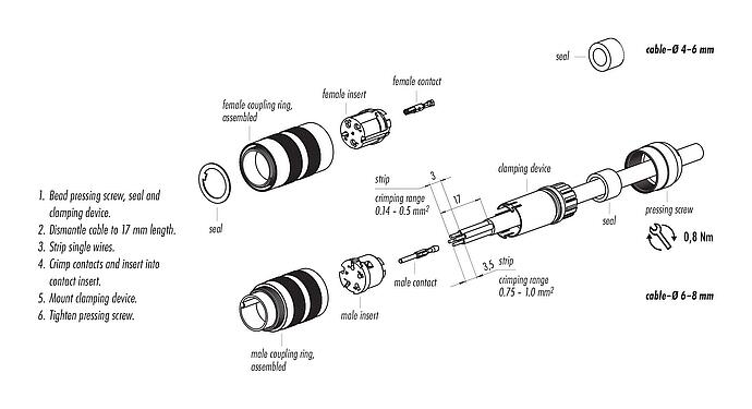 Assembly instructions M16 Male cable connector, Contacts: 7 (07-a), 4.1-7.8 mm, unshielded, crimping (Crimp contacts must be ordered separately), IP67, UL 2238, Short version