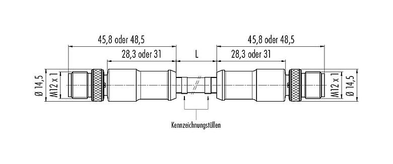 Maßzeichnung 77 4529 4529 50704-0500 - M12/M12 Verbindungsleitung 2 Kabelstecker, Polzahl: 4, geschirmt, am Kabel angespritzt, IP67, UL, Profinet/Ethernet CAT5e, PUR, grün, 4 x AWG 22, 5 m