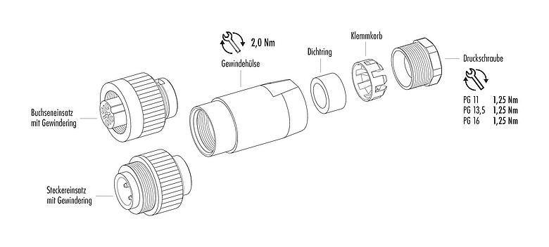 Einzelteildarstellung RD24 Kabelstecker, Polzahl: 6+PE, 8,0-10,0 mm, ungeschirmt, crimpen (Crimpkontakte müssen separat bestellt werden), IP67, PG 11