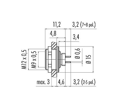 Desenho da escala M9 Soquete de flange, Contatos: 8, desprotegido, THT, IP67, M12x0,5, Montagem no painel traseiro