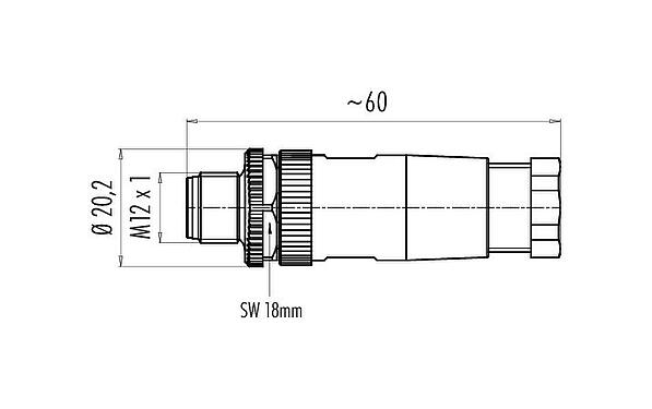 Dessin coté M12 Connecteur mâle, Contacts: 4, 4,0-6,0 mm, non blindé, raccord sur bornier à ressort, IP67
