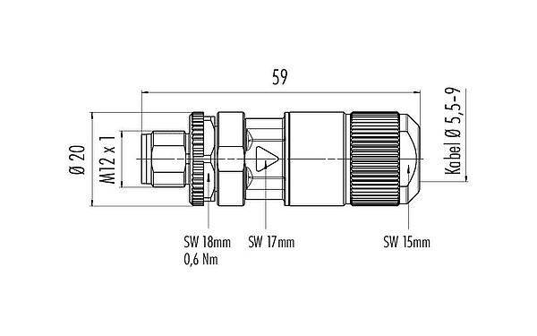 Maßzeichnung M12 Kabelstecker, Polzahl: 8, 5,5-9,0 mm, schirmbar, IDC, IP67
