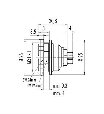 Dibujo a escala Push Pull Toma de brida, Número de contactos: 8, sin blindaje, soldadura, IP67, M21x1,0, Montaje en pared