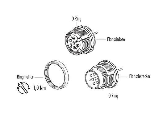 Einzelteildarstellung M16 Flanschstecker, Polzahl: 12 (12-a), schirmbar, THT, IP67, UL 2238, M18x0,75, Rückwandmontage