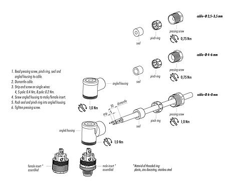 Instrucción de montaje M12 Conector macho en ángulo, Número de contactos: 4, 6,0-8,0 mm, sin blindaje, tornillo extraíble, IP67, UL 2238