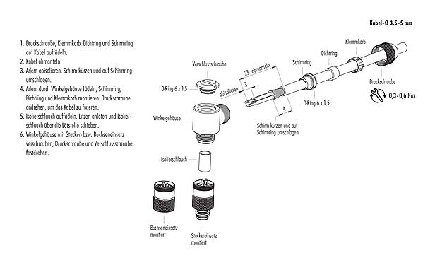 Montageanleitung M8 Winkelstecker, Polzahl: 4, 3,5-5,0 mm, schirmbar, löten, IP67, UL 2238