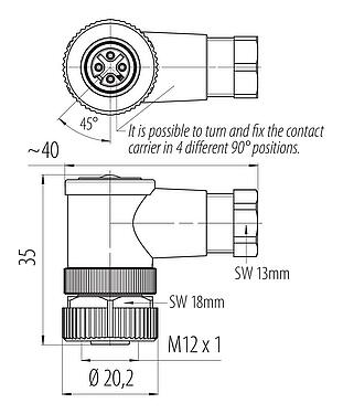 Dessin coté M12 Connecteur femelle coudé, Contacts: 4, 4,0-6,0 mm, non blindé, sertir (Les contacts à sertir doivent être commandés séparément), IP67, UL 2238