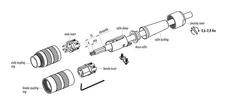 Assembly instructions M16 Female cable connector, Contacts: 5 (05-a), 6.0-8.0 mm, shieldable, solder, IP40