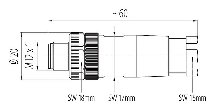 Rysunek z wymiarami 99 0437 110 05 - M12 Męskie złącze kablowe proste, Kontaktów: 5, 6,0-8,0 mm, nieekranowany, zacisk śrubowy, IP67