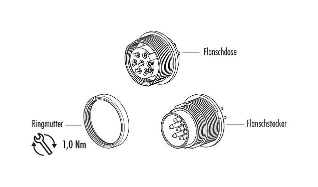 Einzelteildarstellung M16 Flanschdose, Polzahl: 7 (07-a), ungeschirmt, THT, IP40, M18x0,75, Rückwandmontage