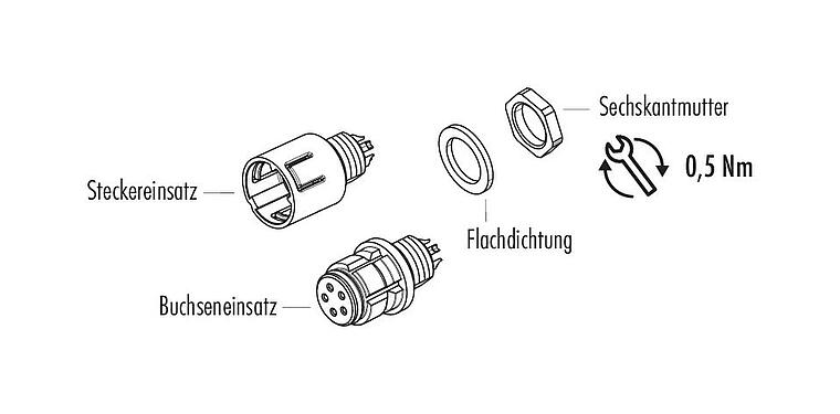 Einzelteildarstellung Snap-In Flanschdose, Polzahl: 4, ungeschirmt, löten, IP67, UL 2238, M8x0,75, Frontmontage