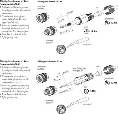 Instructions de montage M12 Connecteur mâle, Contacts: 5, 5,0-8,0 mm, blindable, raccord sur bornier à ressort, IP67, ressort à iris