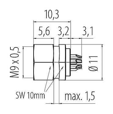 Scale drawing M9 Female panel mount connector, Contacts: 7, unshielded, M9x0,5, Front mounting