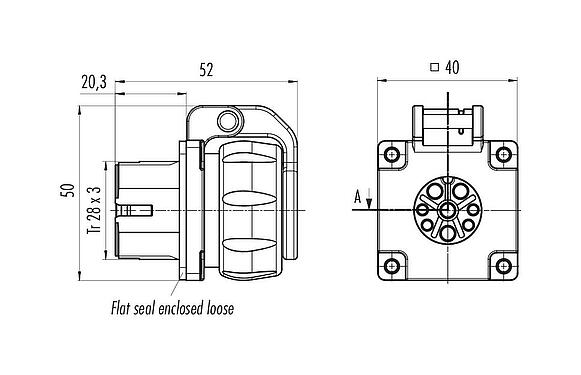 Scale drawing Bayonet Female panel mount connector, Contacts: 4+3+PE, unshielded, crimping (Crimp contacts must be ordered separately), IP68/IP69K, UL 2238, VDE, Front mounting, UV resistant