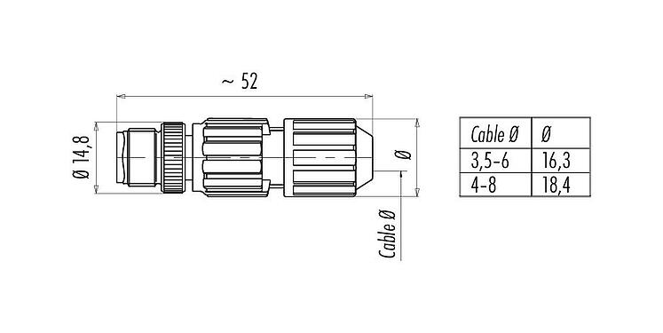 Dibujo a escala M12 Conector de cable macho, Número de contactos: 4, 3,5-6,0 mm, sin blindaje, IDC, IP67