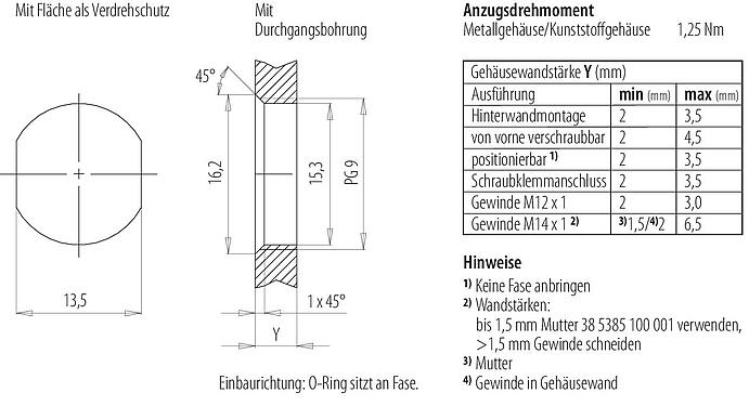 Montageanleitung / Montageausschnitt 70 3481 287 08 - M12 Flanschstecker, Polzahl: 8, geschirmt, mit Kabel konfektioniert, IP68, PG 9, PUR, schwarz, 8 x 0,25 mm², von vorne verschraubbar, 0,5 m