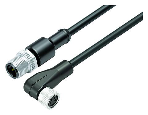 Illustration M12/M8 Male cable connector - female angled connector, Contacts: 4, unshielded, moulded on the cable, IP67/IP69K, UL 2238, PUR, black, 4 x 0.34 mm², 2 m