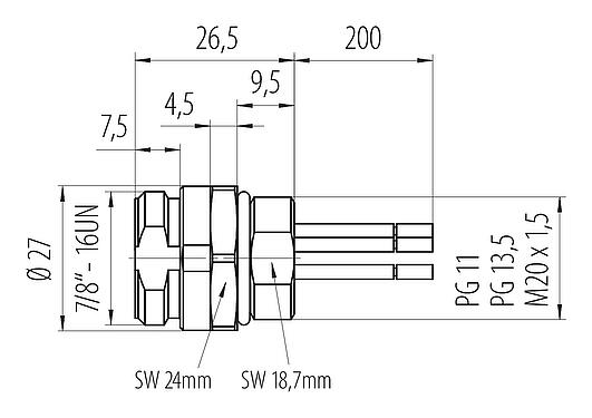 Dibujo a escala 7/8" Enchufe de brida, Número de contactos: 4+PE, sin blindaje, hilos, IP68, UL 2238, VDE, PG 11, Montaje frontal