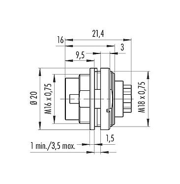 Scale drawing 09 0323 700 06 - M16 Male panel mount connector, Contacts: 6 (06-a), unshielded, crimping (Crimp contacts must be ordered separately), IP40