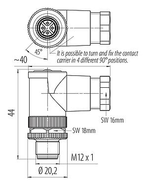 Dibujo a escala M12 Conector macho en ángulo, Número de contactos: 4, 6,0-8,0 mm, sin blindaje, tornillo extraíble, IP67, UL 2238