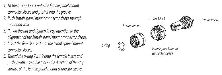 Instrucción de montaje M12 Toma de brida, Número de contactos: 8, blindable, THT, IP67, UL, M12x1,0, Montaje frontal