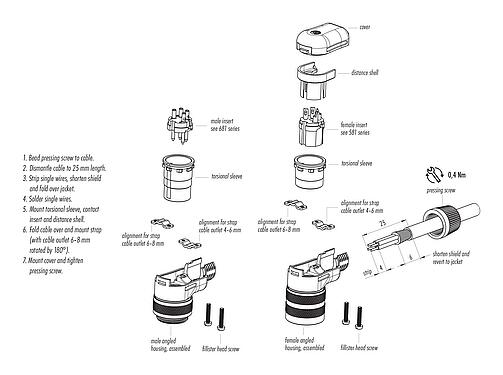 Assembly instructions 99 0138 12 04 - M16 Female angled connector, Contacts: 4 (04-a), 6.0-8.0 mm, shieldable, solder, IP40