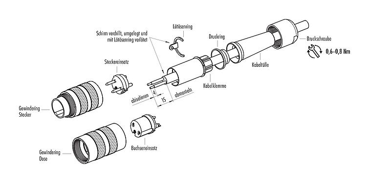 Montageanleitung M16 Kabeldose, Polzahl: 7 (07-b), 4,0-6,0 mm, schirmbar, löten, IP40