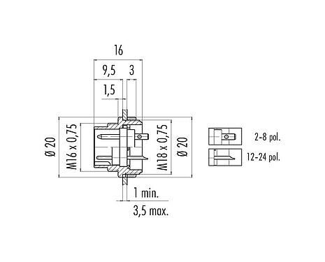 Scale drawing 09 0339 00 16 - M16 Male panel mount connector, Contacts: 16, unshielded, solder, IP40