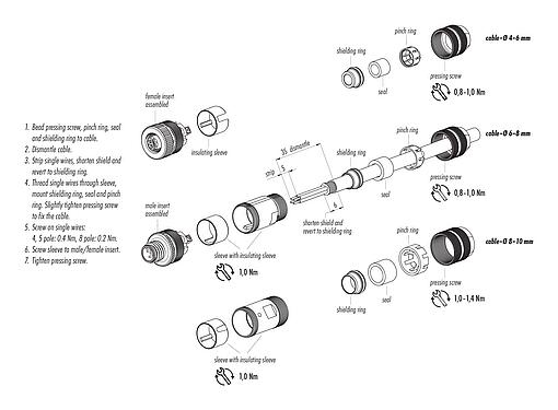 Instrucción de montaje M12 Conector de cable macho, Número de contactos: 5, 6,0-8,0 mm, blindable, tornillo extraíble, IP67, UL 2238, con anillo de protección