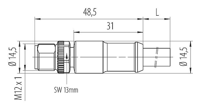 Dibujo a escala M12 Conector de cable macho, Número de contactos: 4, sin blindaje, moldeado en el cable, IP68, UL 2238, PUR, negro, 4 x 1,50 mm², 2 m