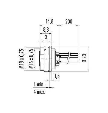 Méretarányos rajz M16 panelre szerelhető foglalat, : 6 (06-a), árnyékolatlan, sodrott vezeték, IP40, M18x0,75, hátsó panel felszerelés