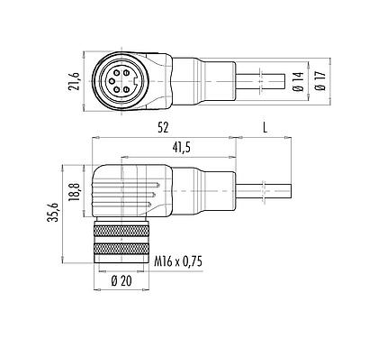 Scale drawing 79 6272 200 08 - M16 Female angled connector, Contacts: 8 (08-a), unshielded, moulded on the cable, IP67, PUR, black, 8 x 0.25 mm², 2 m