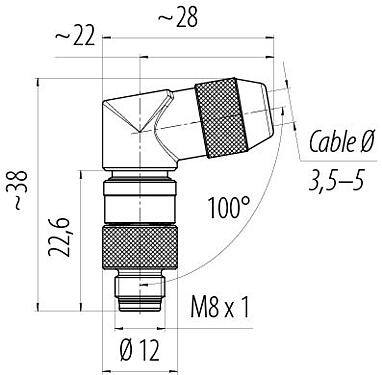 Skalritning M8 Vinkelplugg, antal poler: 4, 3,5-5,0 mm, kan skärmas, lödning, IP67, UL 2238
