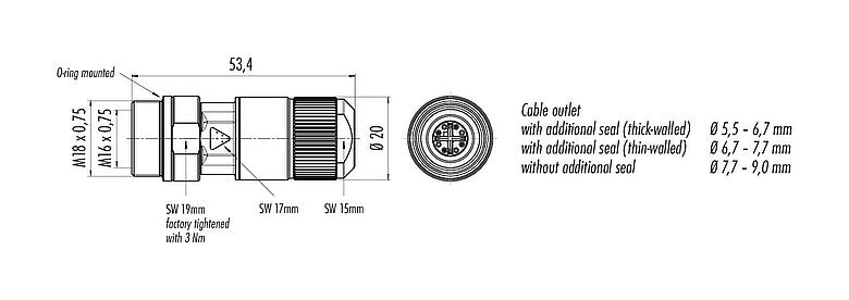 Dibujo a escala M16 Conector de cable hembra, Número de contactos: 8, 5,5-9,0 mm, blindable, IDC, IP67