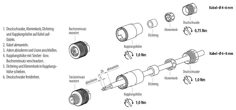 Montageanleitung M12 Kabelstecker, Polzahl: 2+PE, 4,0-6,0 mm, ungeschirmt, schraubklemm, IP67, UL