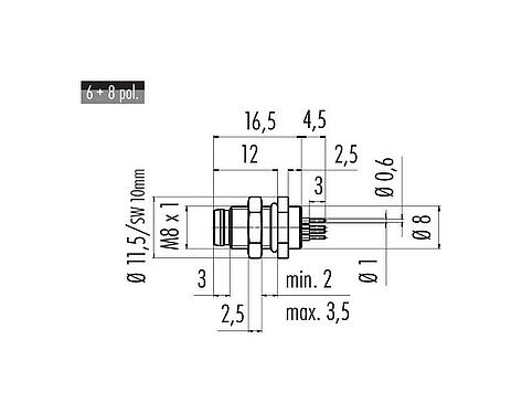 Scale drawing M8 Male panel mount connector, Contacts: 8, unshielded, THT, IP67, UL 2238, M8x1.0, Rear mounting